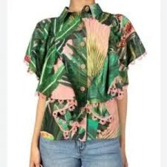 NWT$150 Farm Rio Amazonia Forest Cotton Frilled Shirt Top Sz XS - Picture 3 of 15